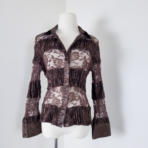 Lace long sleeve blouse button down sheer satin patchwork crinkle - Picture 2 of 14